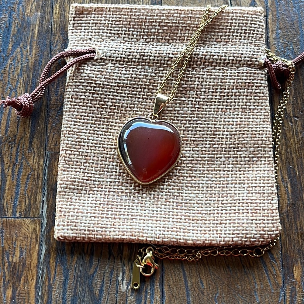 Gold plated Carnelian Crystal Heart with gold plated Stainless Steel Chain